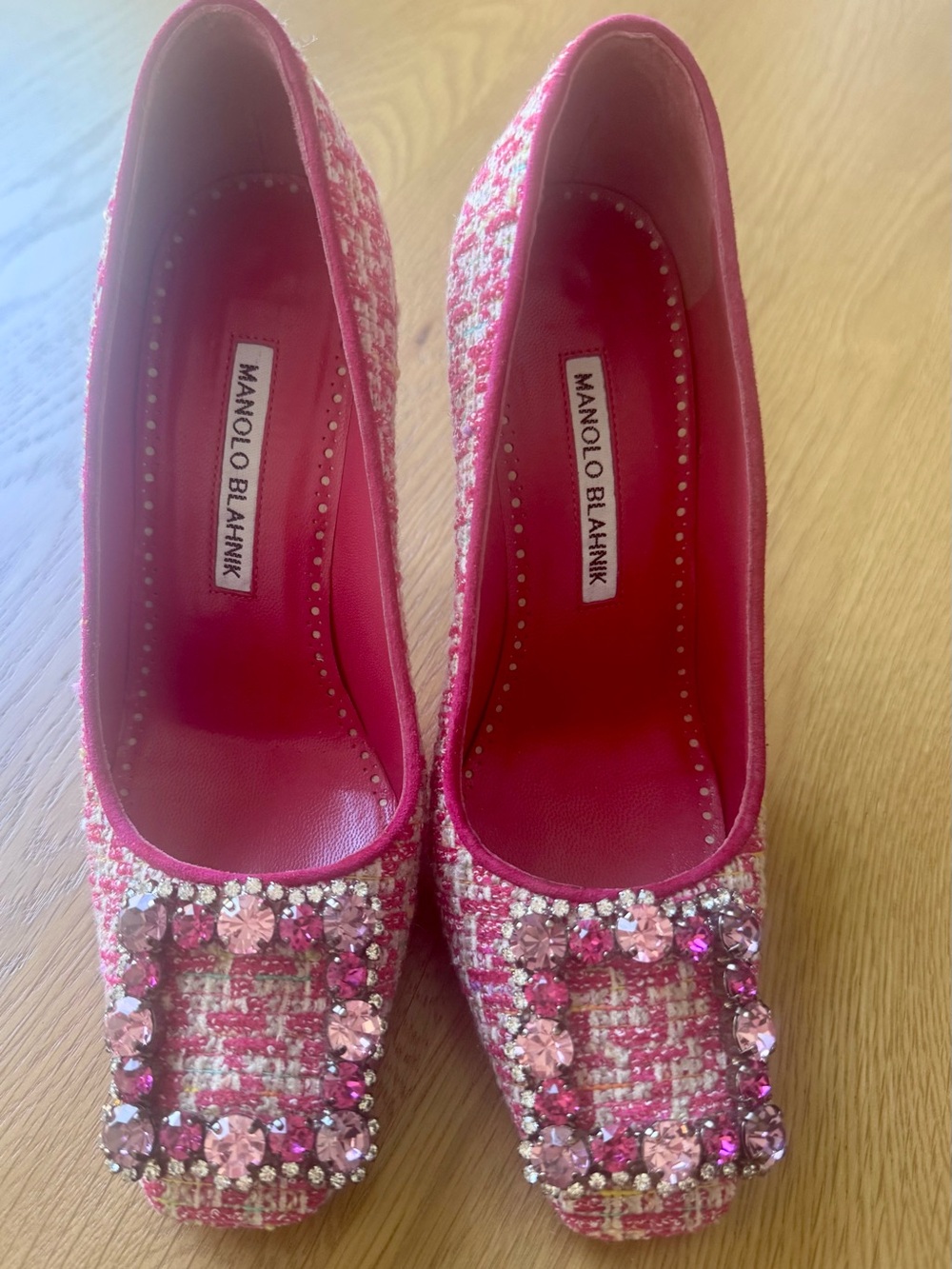 Manolo Blahnik Pink Tweed Jeweled Square-Toe Pumps
